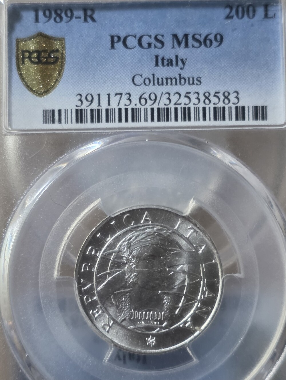 1989 R Columbus Silver Coin Graded PCGS MS69 - Italy